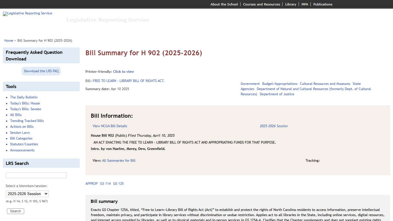 Bill Summary for H 902 (2025-2026) Legislative Reporting Service