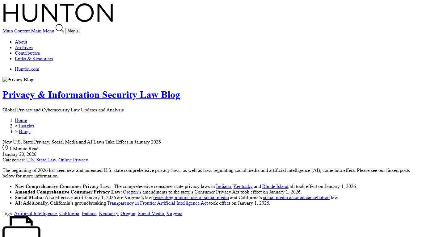 New U.S. State Privacy, Social Media and AI Laws Take Effect in January 2026